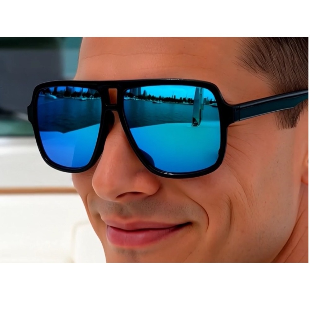 Men's Black Square Frame Blue Mirror Lens Sunglasses Oversized Sporty Style 2025